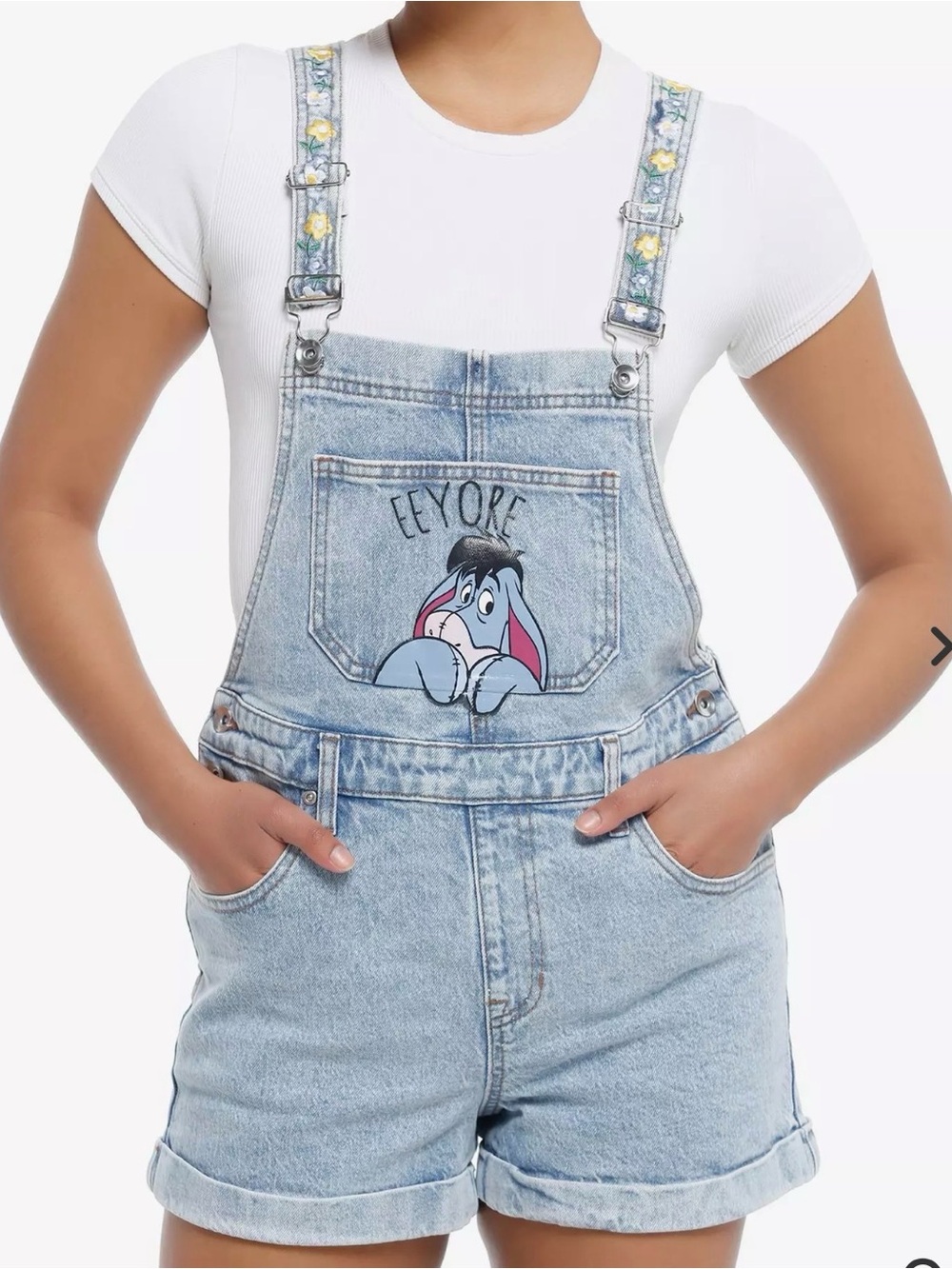 Disney Winnie The Pooh Eeyore denim shortfalls floral straps whimsical kawaii SM